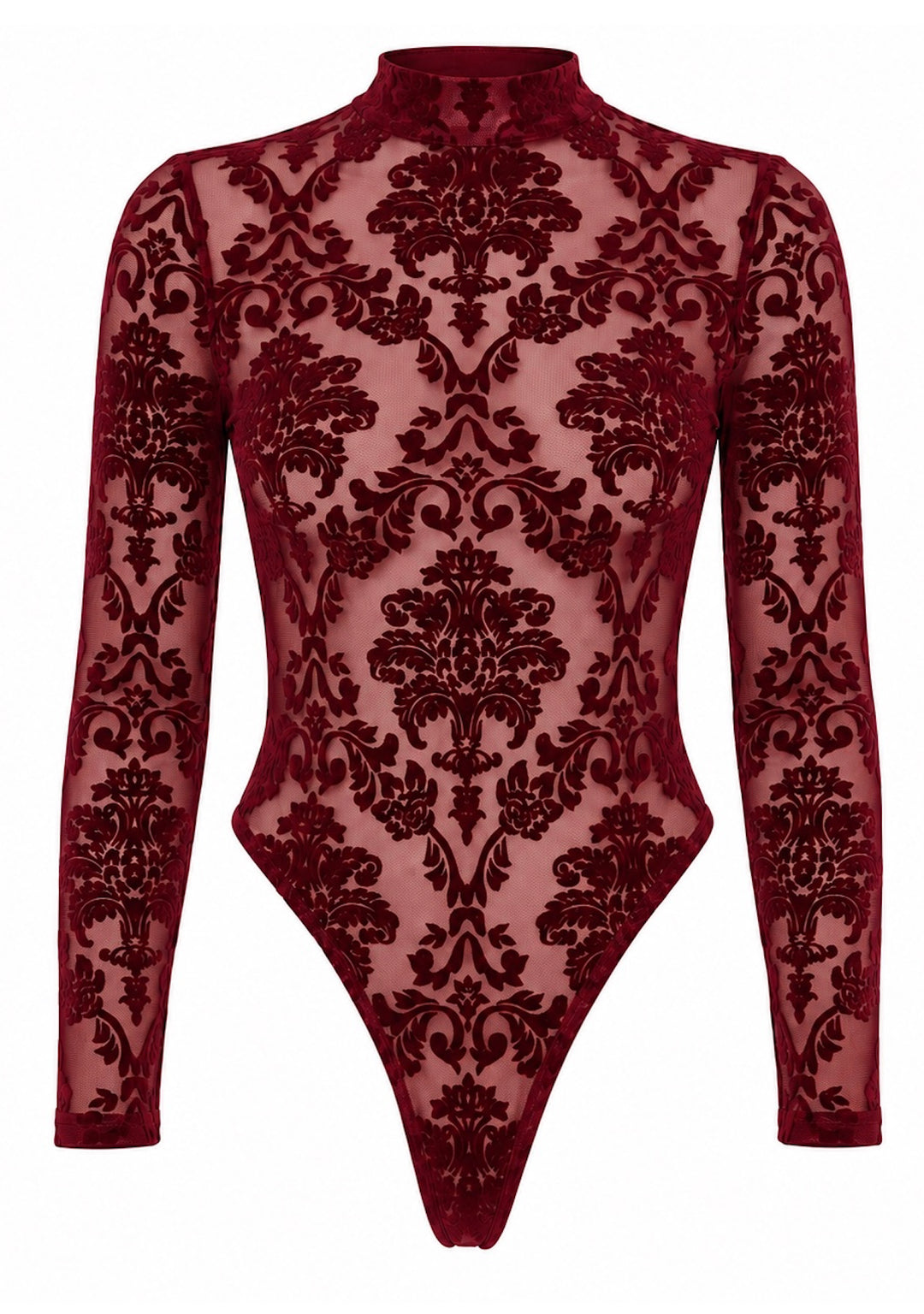 Noir Handmade F422 Masquerade Body – Burgund Flocked Tüll, offener Rücken, hoch ausgeschnitten & Langarm