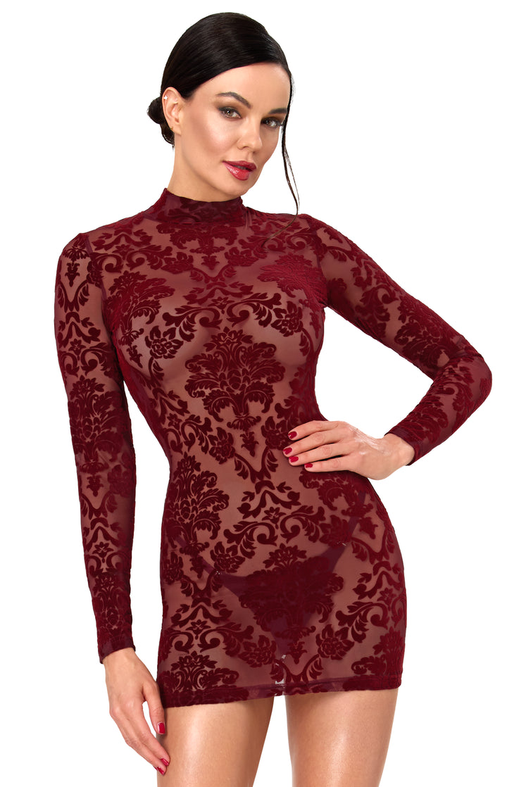 Noir Handmade F423 Masquerade Minikleid – Burgund Flocked Tüll, Stehkragen & offener Rücken