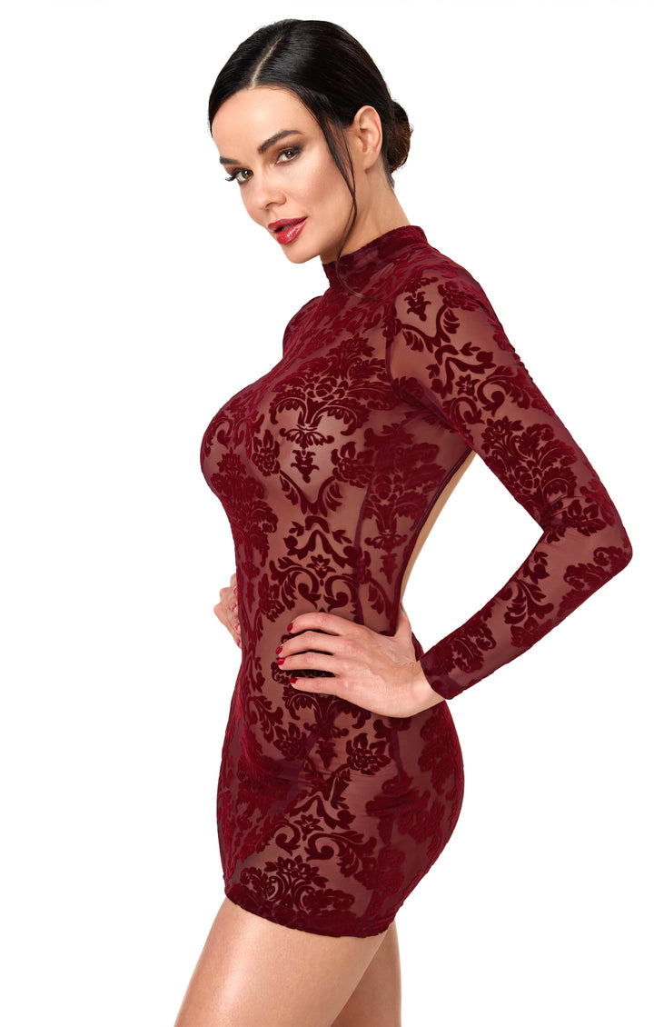 Noir Handmade F423 Masquerade Minikleid – Burgund Flocked Tüll, Stehkragen & offener Rücken