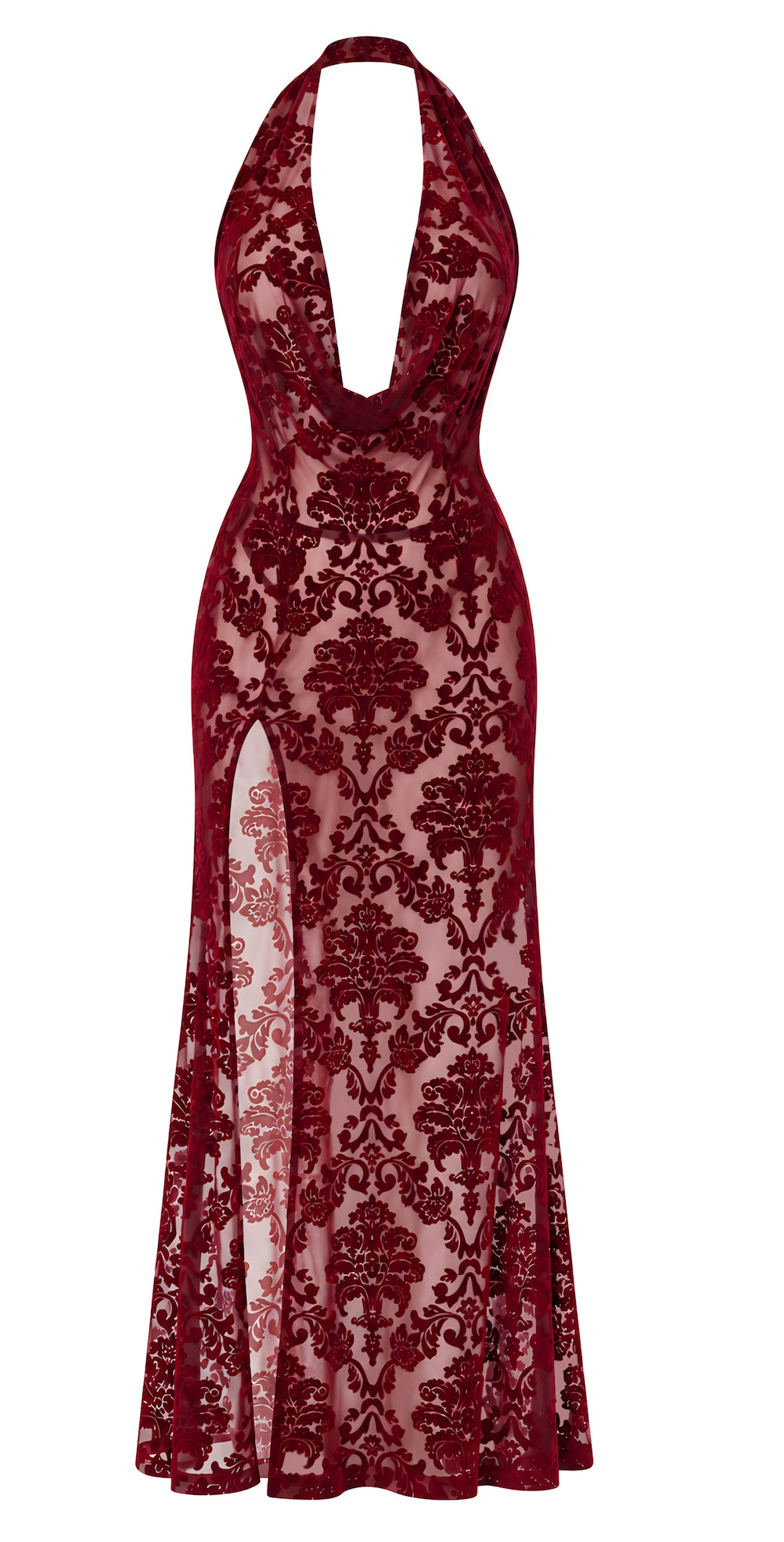 Noir Handmade F424 Masquerade Maxikleid – Burgund Flocked Tüll, Cowl-Neck & Beinschlitz