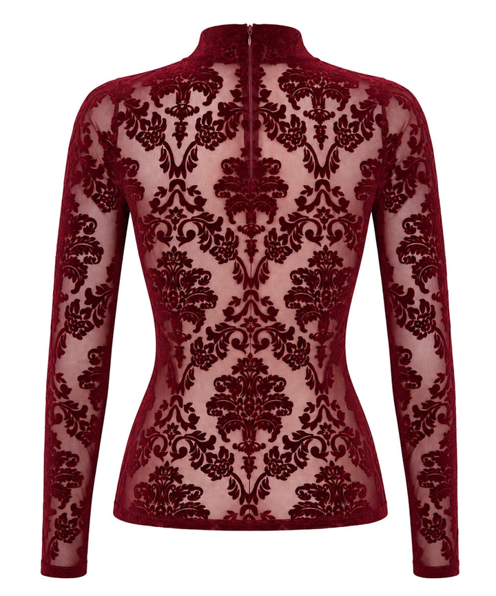 Noir Handmade F425 Masquerade Langarm-Top – Burgund Flocked Tüll, Stehkragen & verdeckter Rücken-RV