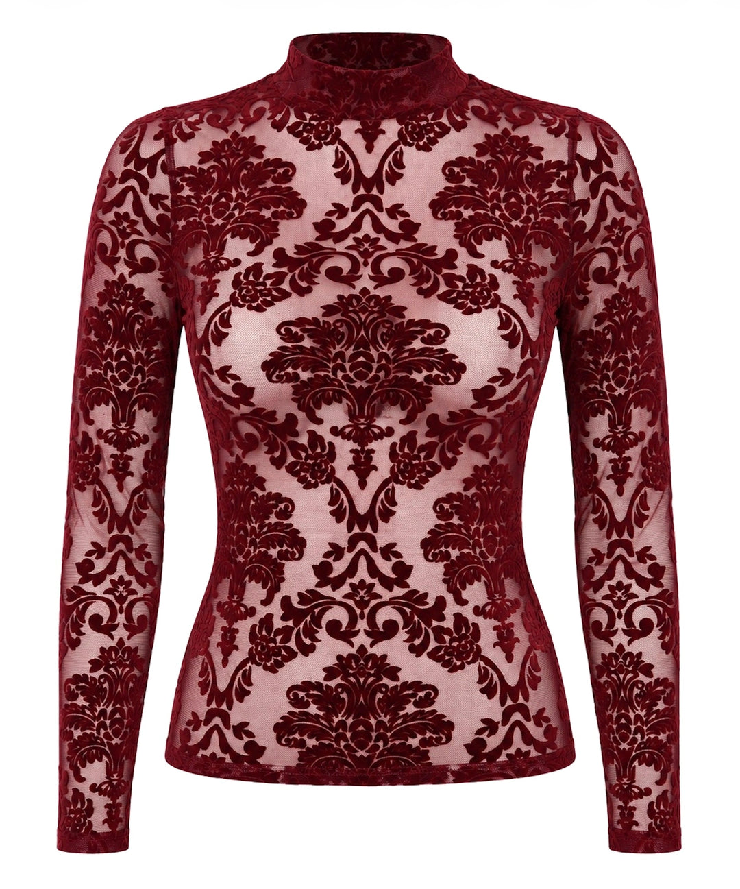 Noir Handmade F425 Masquerade Langarm-Top – Burgund Flocked Tüll, Stehkragen & verdeckter Rücken-RV