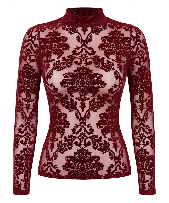 Noir Handmade F425 Masquerade Langarm-Top – Burgund Flocked Tüll, Stehkragen & verdeckter Rücken-RV