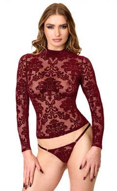 Noir Handmade F425 Masquerade Langarm-Top – Burgund Flocked Tüll, Stehkragen & verdeckter Rücken-RV