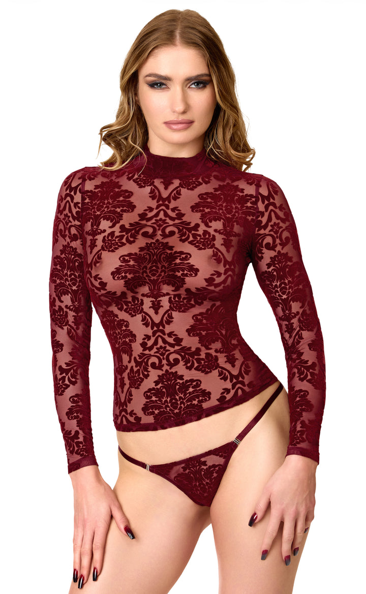 Noir Handmade F425 Masquerade Langarm-Top – Burgund Flocked Tüll, Stehkragen & verdeckter Rücken-RV