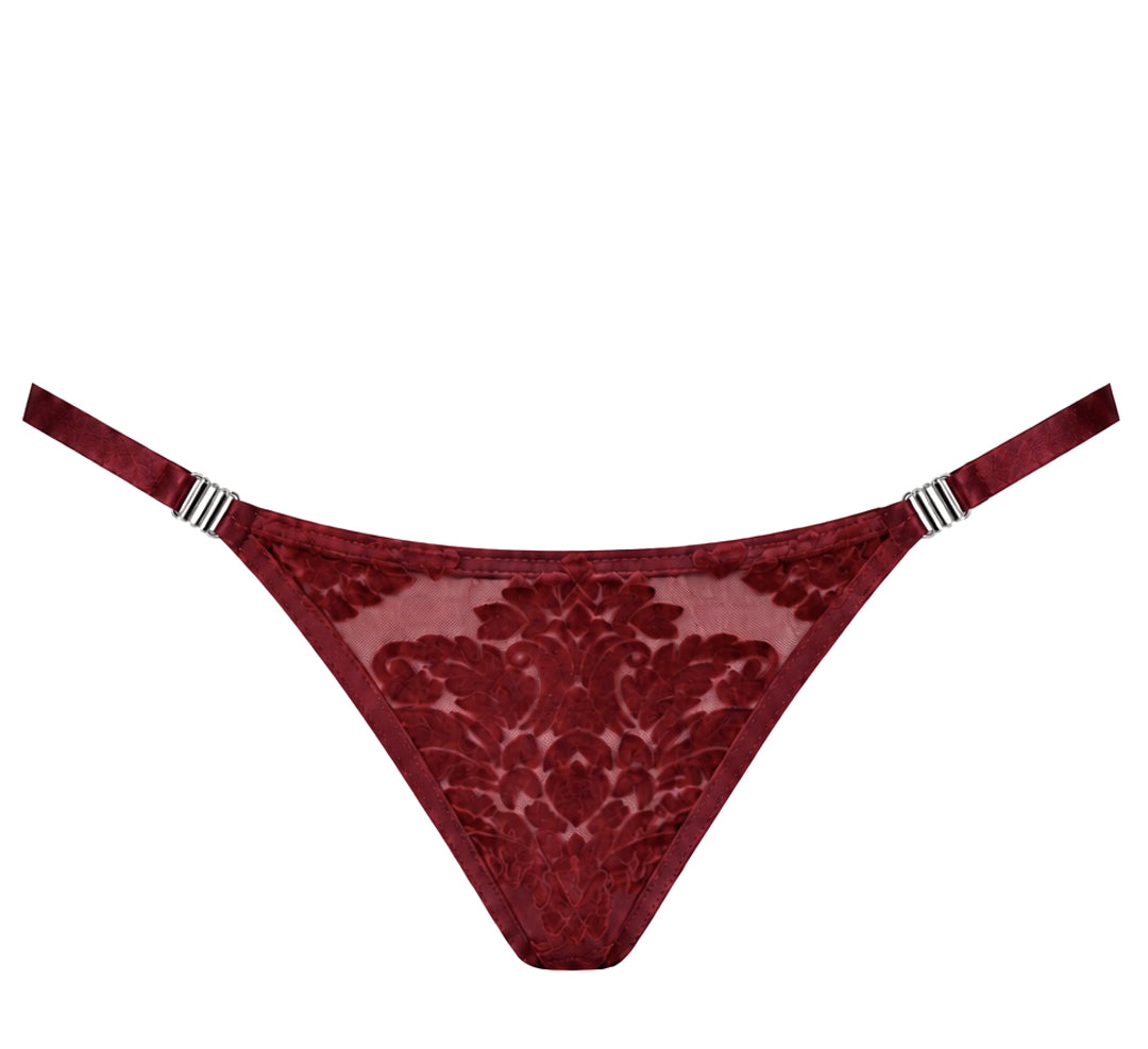 Noir Handmade F426 Masquerade Tanga – Burgund Flocked Tüll & Silber-Verschluss