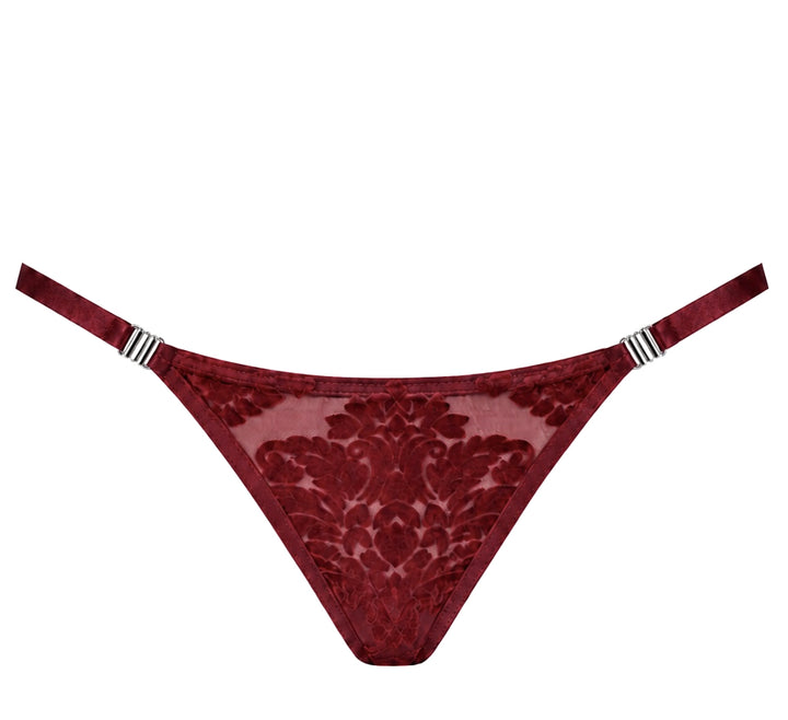 Noir Handmade F426 Masquerade Tanga – Burgund Flocked Tüll & Silber-Verschluss