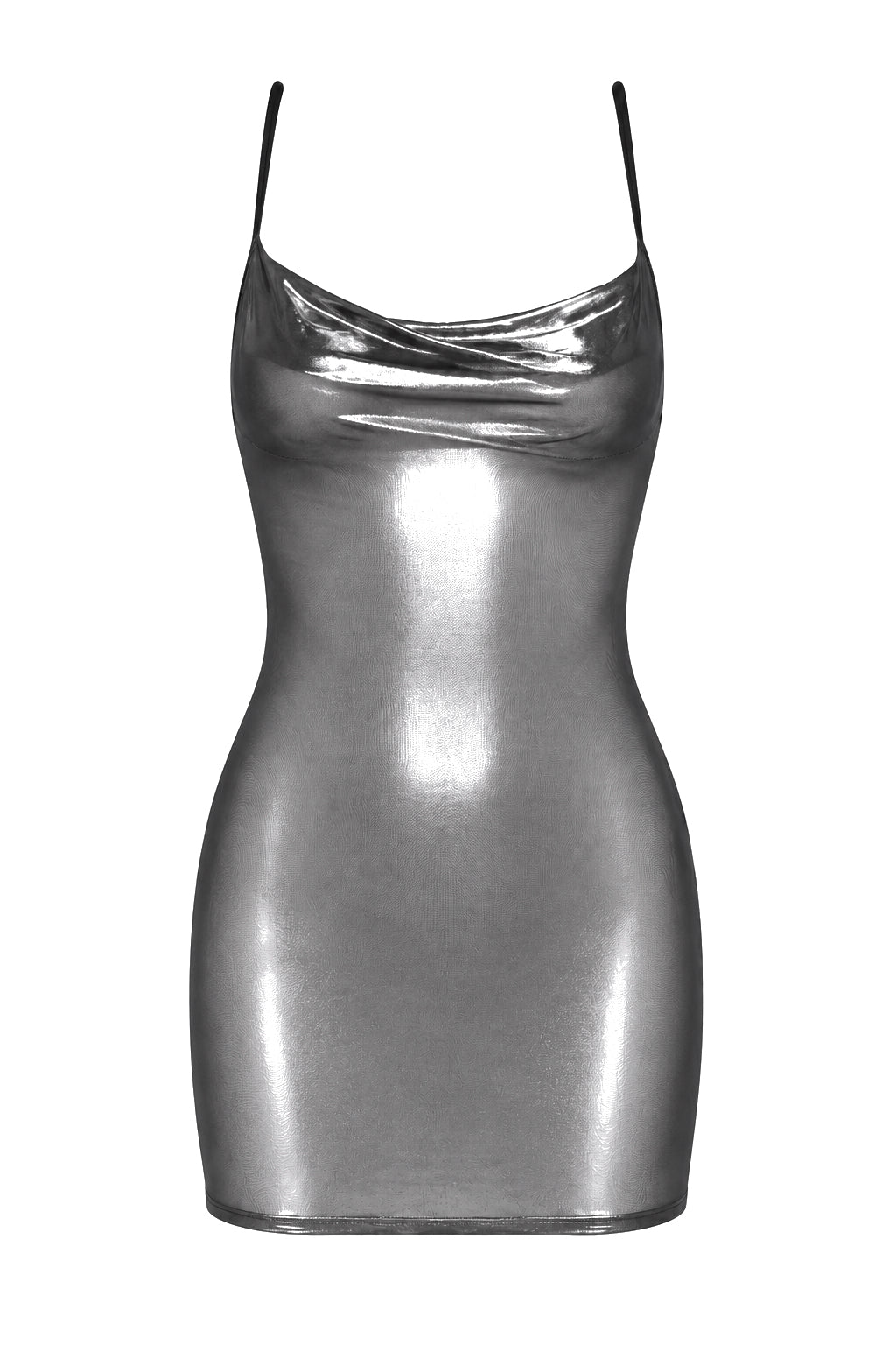 Noir Handmade F428 Moondust Minikleid – Silber Cowl-Neck & Rückenband