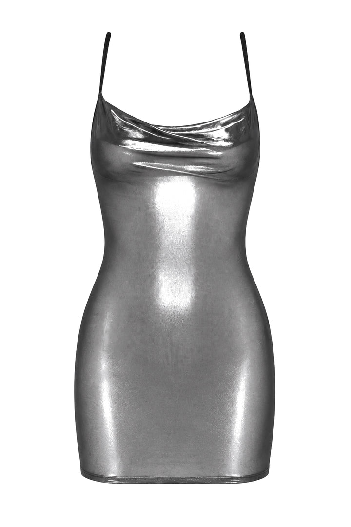 Noir Handmade F428 Moondust Minikleid – Silber Cowl-Neck & Rückenband