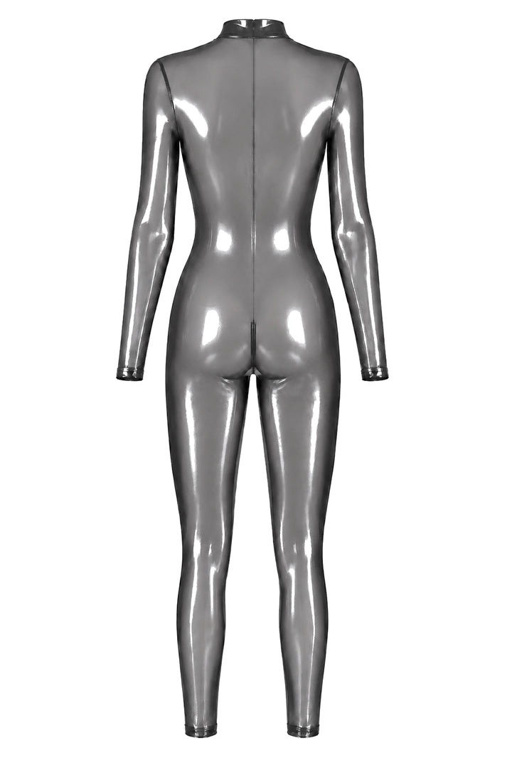 Noir Handmade F429 Moondust Catsuit – Silber, Dreifach-Reißverschluss & Stehkragen
