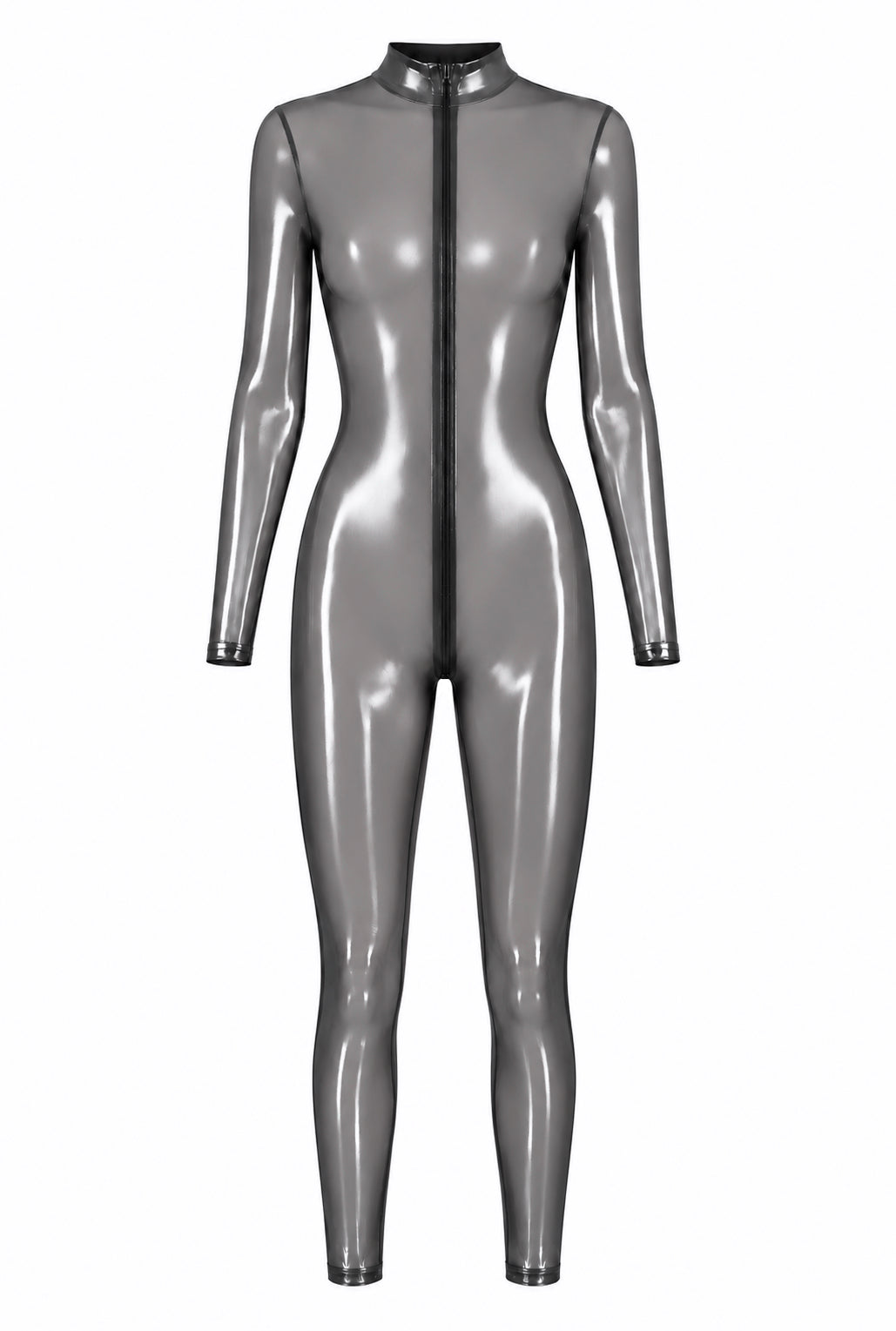 Noir Handmade F429 Moondust Catsuit – Silber, Dreifach-Reißverschluss & Stehkragen