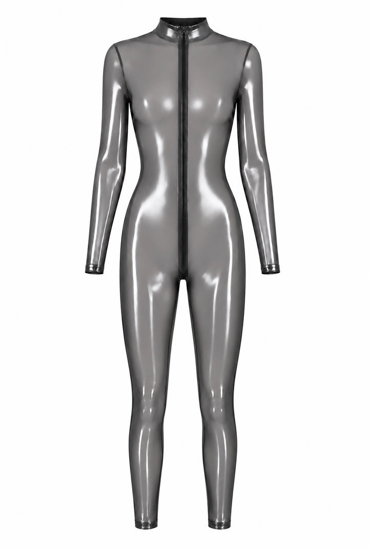 Noir Handmade F429 Moondust Catsuit – Silber, Dreifach-Reißverschluss & Stehkragen