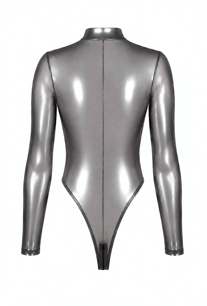 Noir Handmade F430 Moondust Bodysuit – Silber, Dreifach-Reißverschluss & Stehkragen