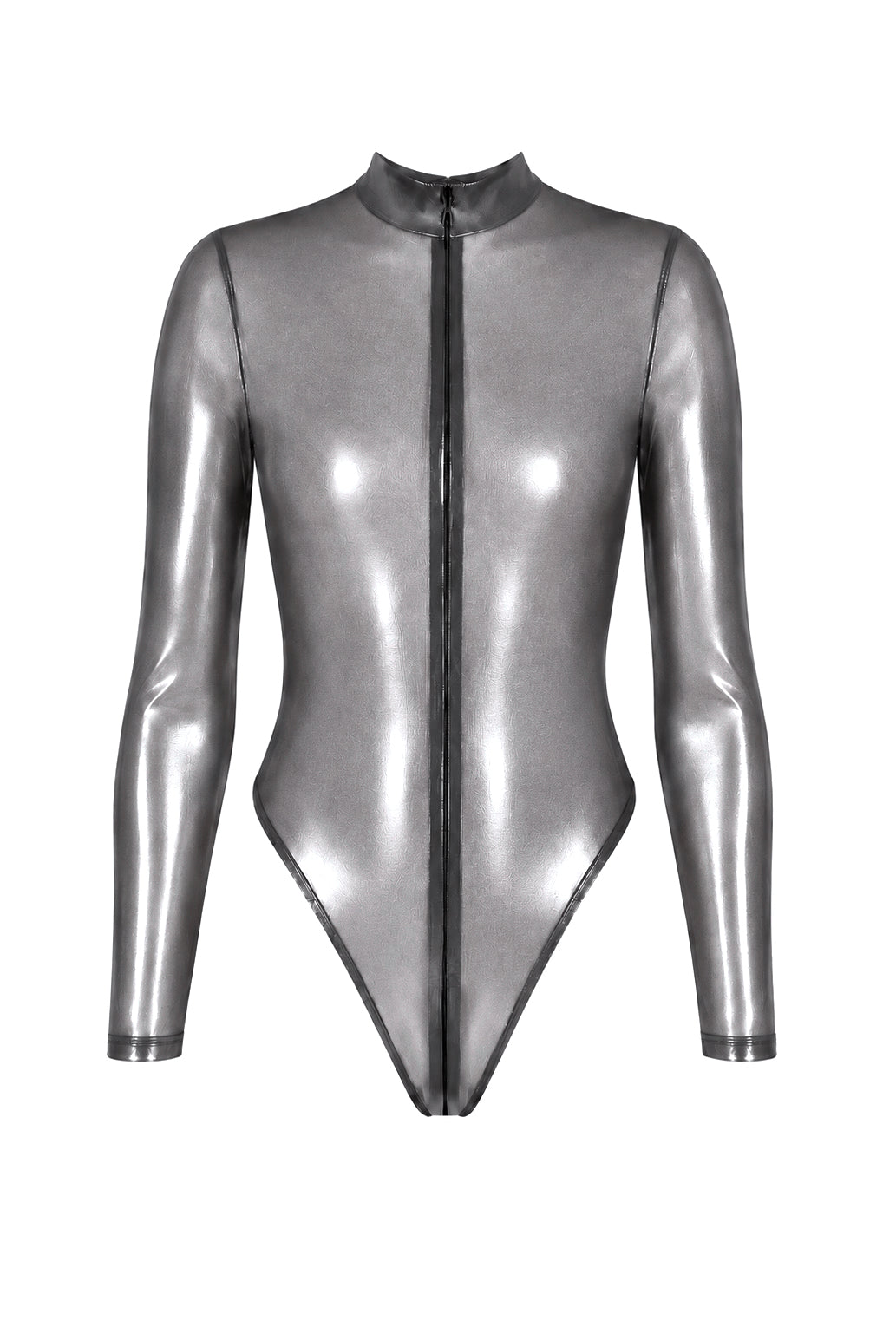 Noir Handmade F430 Moondust Bodysuit – Silber, Dreifach-Reißverschluss & Stehkragen