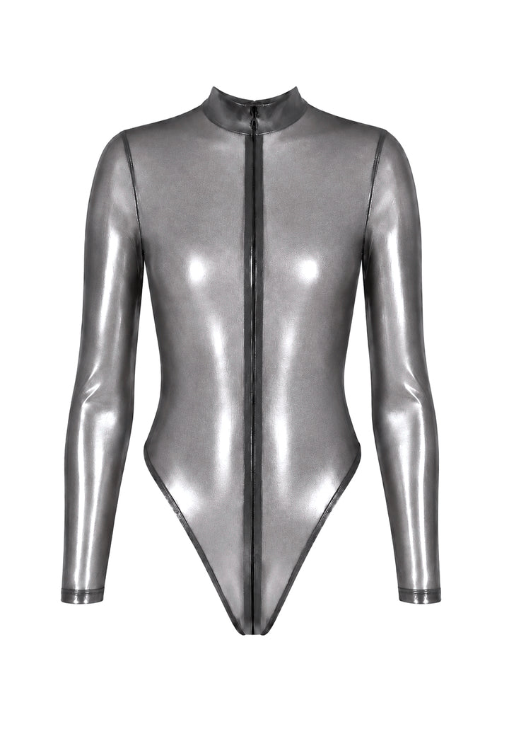Noir Handmade F430 Moondust Bodysuit – Silber, Dreifach-Reißverschluss & Stehkragen