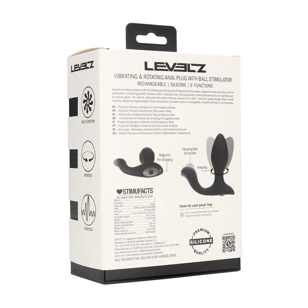 Levelz - Geriffelter Analplug mit Rotations-/Vibrationsfunktion und Perineumsvibrator schwarz