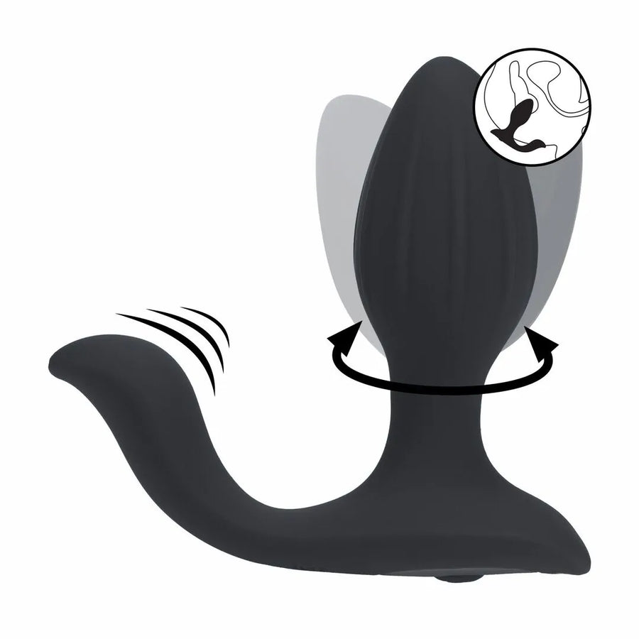 Levelz - Geriffelter Analplug mit Rotations-/Vibrationsfunktion und Perineumsvibrator schwarz