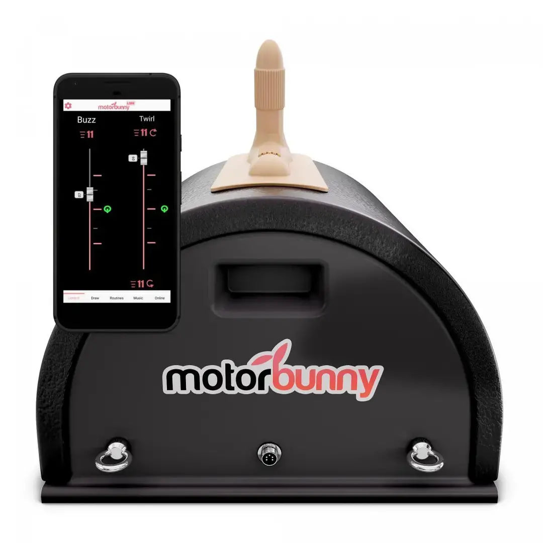 Motorbunny Original Sybian schwarz mit Link Bluetooth App-Steuerung und hautfarbenem Aufsatz – Premium Massagegerät Set