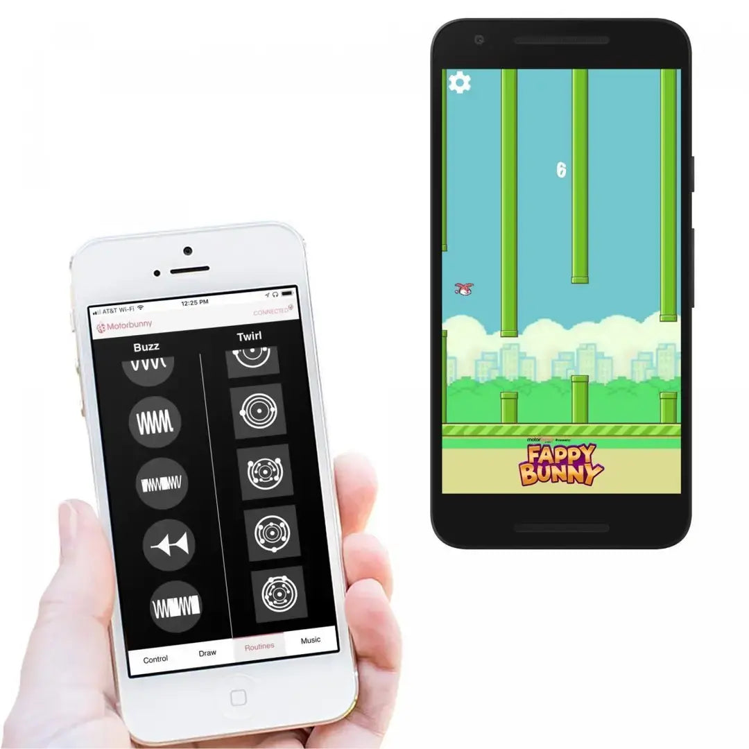 Motorbunny Link App auf iPhone mit Buzz- und Twirl-Funktionen verbunden mit Fappy Bunny Steuerungsspiel auf Android