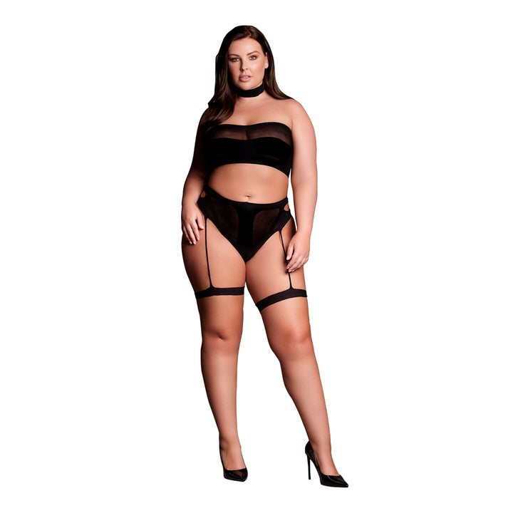 Ananke XII – Dreiteiler mit Halsband, Bandeau-Oberteil und Höschen mit Strumpfhaltern von Le Désir schwarz Queensize