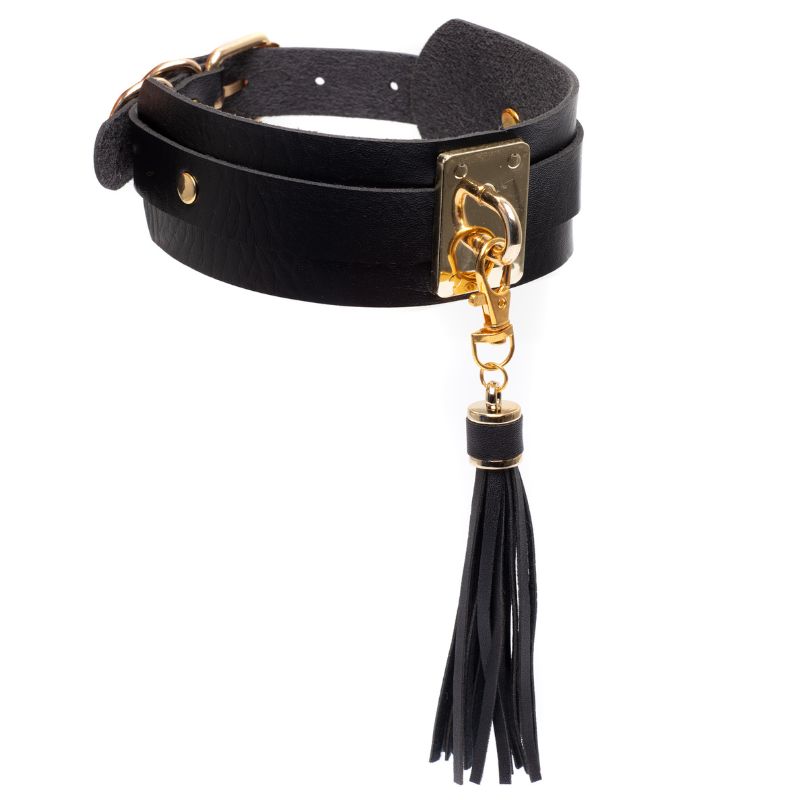 Kinky Diva Teasing Tassel Halsband Schwarz/Gold – Detail