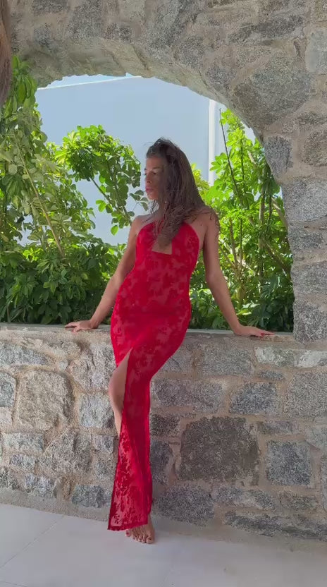 Noir Handmade F418 Plaything Maxikleid – Roter Flocked Tüll, Keyhole & hoher Vorderschlitz