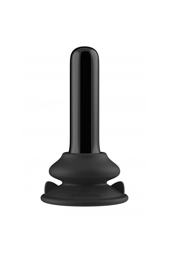 Chrystalino Thumby Glasvibrator in Schwarz mit elegantem Glanzfinish und stabilem Saugnapf-Sockel aus Silikon