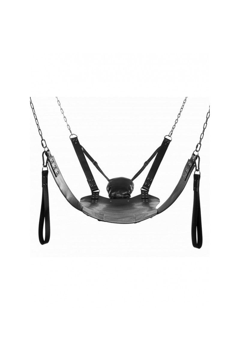 Strict Extreme Sling in Schwarz – hochwertiges Leder, Metallketten, gepolstertes Kopfteil, Halteschlaufen, schwebend montiert