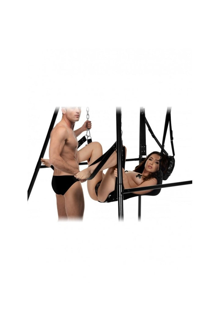 Strict Extreme Sling and Stand in Schwarz – hochwertiges BDSM-Schaukelsystem mit stabilem Metallgestell und Leder-Gurten
